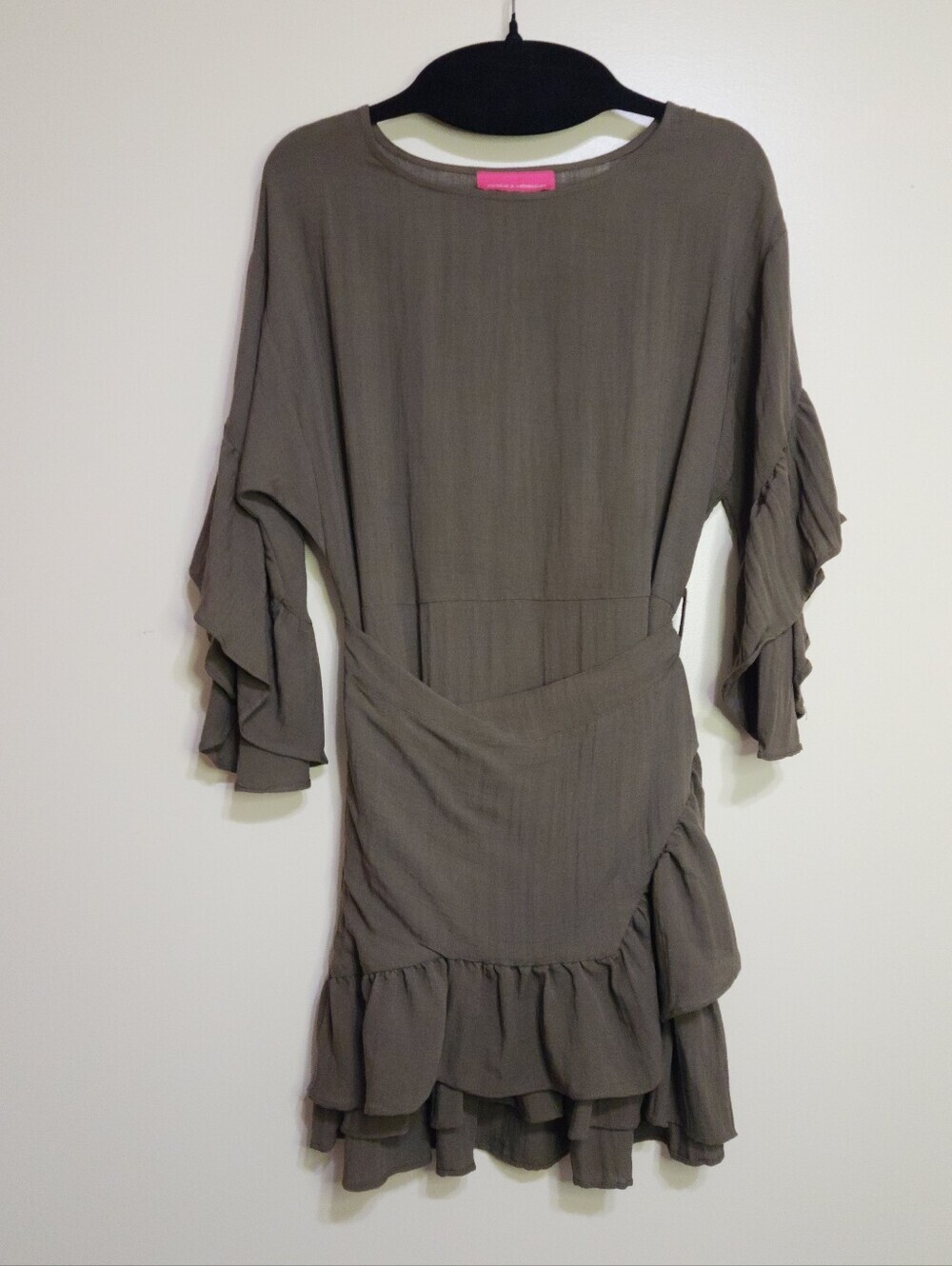 Pookie & Sebastian Dress Faux Wrap Mini Shirt Pink Floral 3/4 Sleeve Med Green